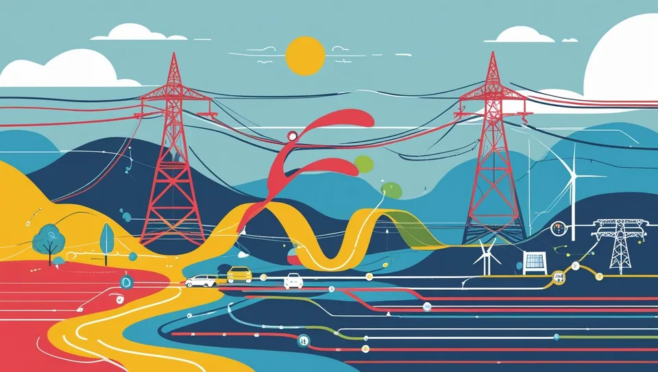Transmission pylons, power lines, wind turbines, solar panels and cars connected by sweeping coloured lines represent energy flexibility.