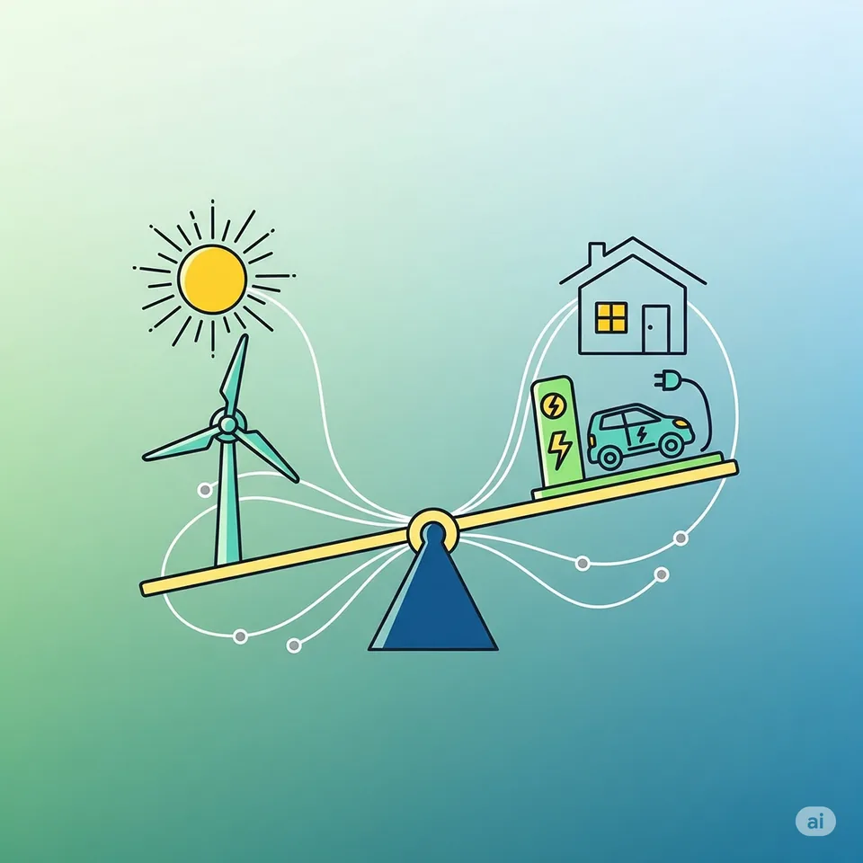 A balance scale connects sunlight and a wind turbine on one side with a house, battery and electric car on the other, illustrating the balance between generation and demand.