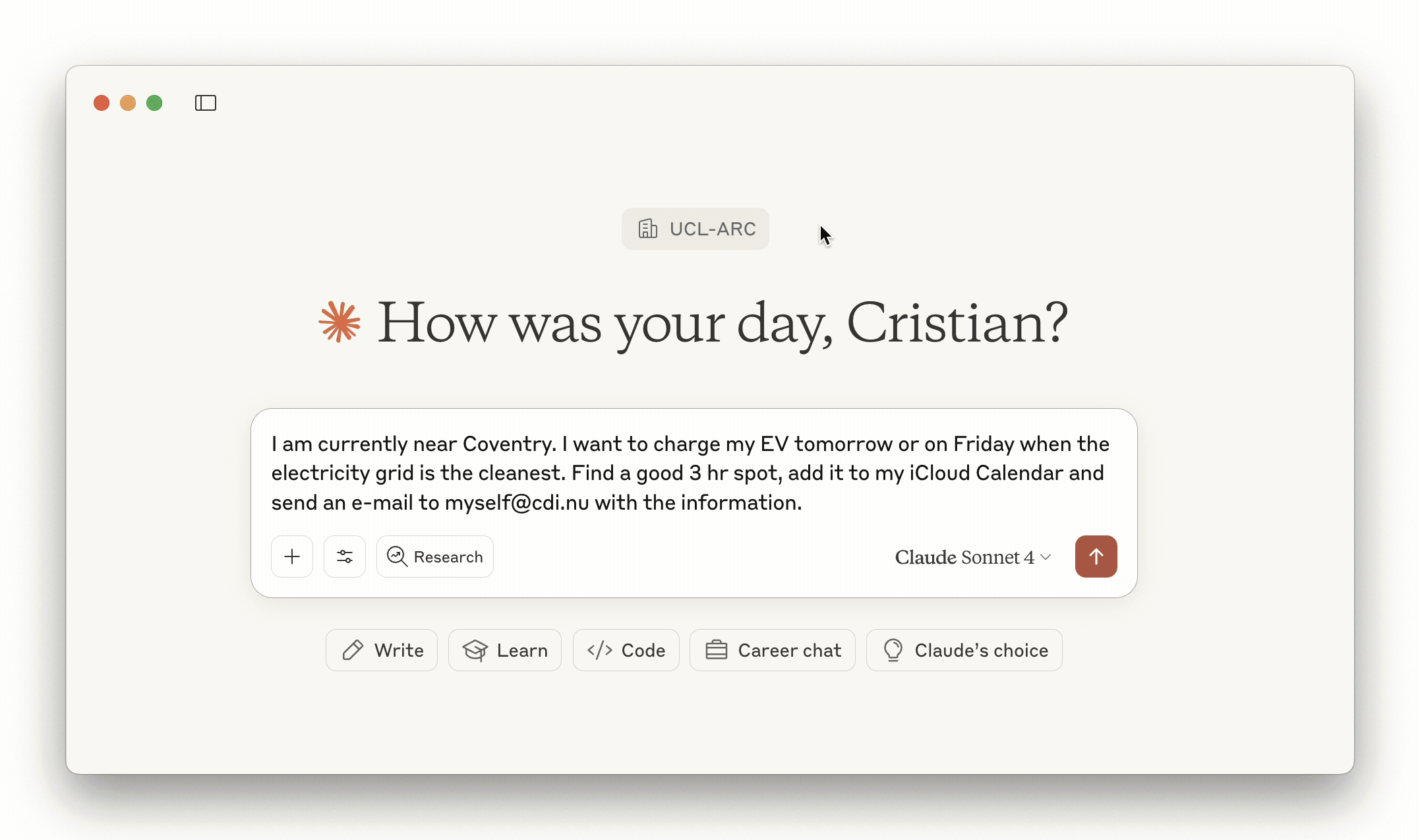 A screen recording showing how LLM finds a 3-hour window to charge an EV and books it in the calendar.