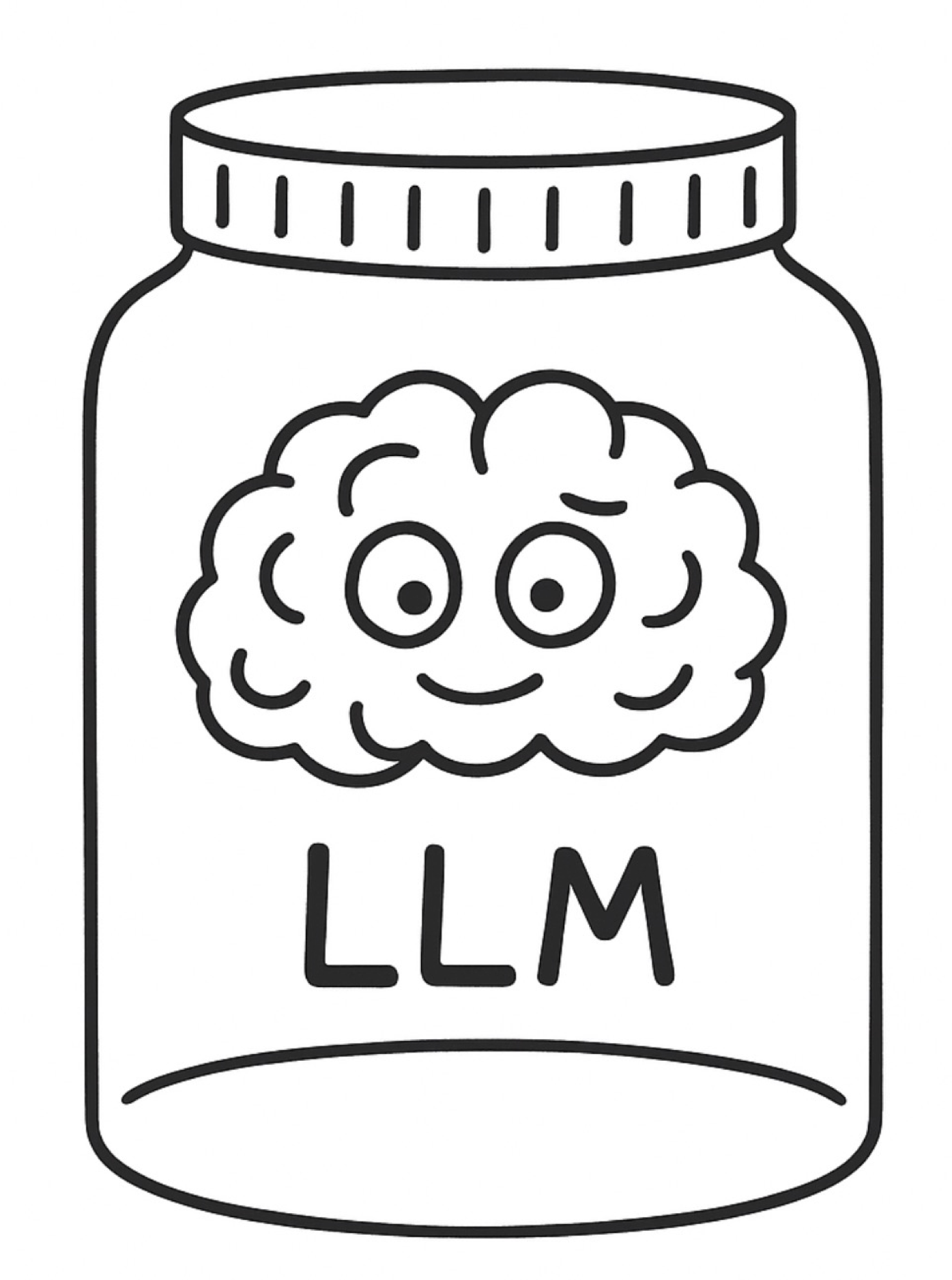 A cartoon-style drawing of a glass jar with a smiling brain inside. The jar is labeled 'LLM' in block letters.