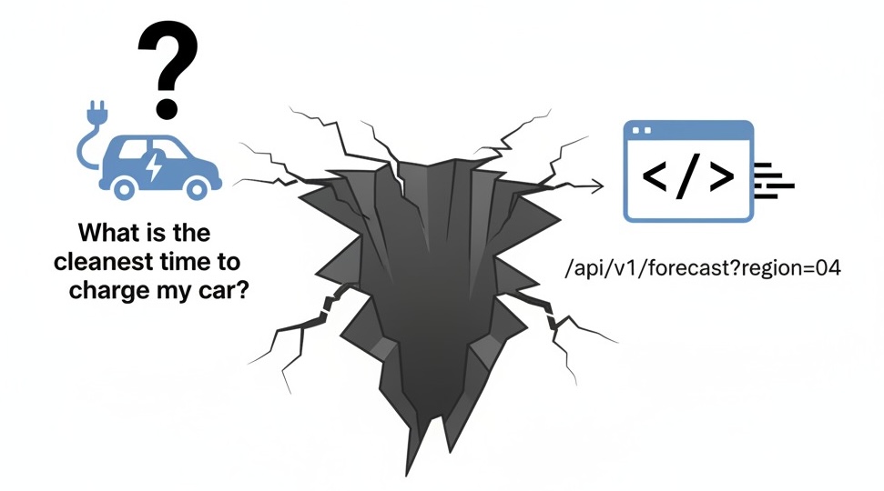 An illustration of a cracked chasm running vertically through the middle. On the left side, a blue electric car icon with the text 'What is the cleanest time to charge my car?' On the right side, a code window icon with the text '/api/v1/forecast?region=04'. The chasm visually separates the plain-language question from the technical API call.
